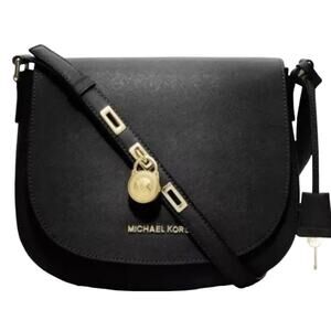 MICHAEL KORS SADDLE MESSENGER CROSSBODY Purse Black Leather classy French 11-14